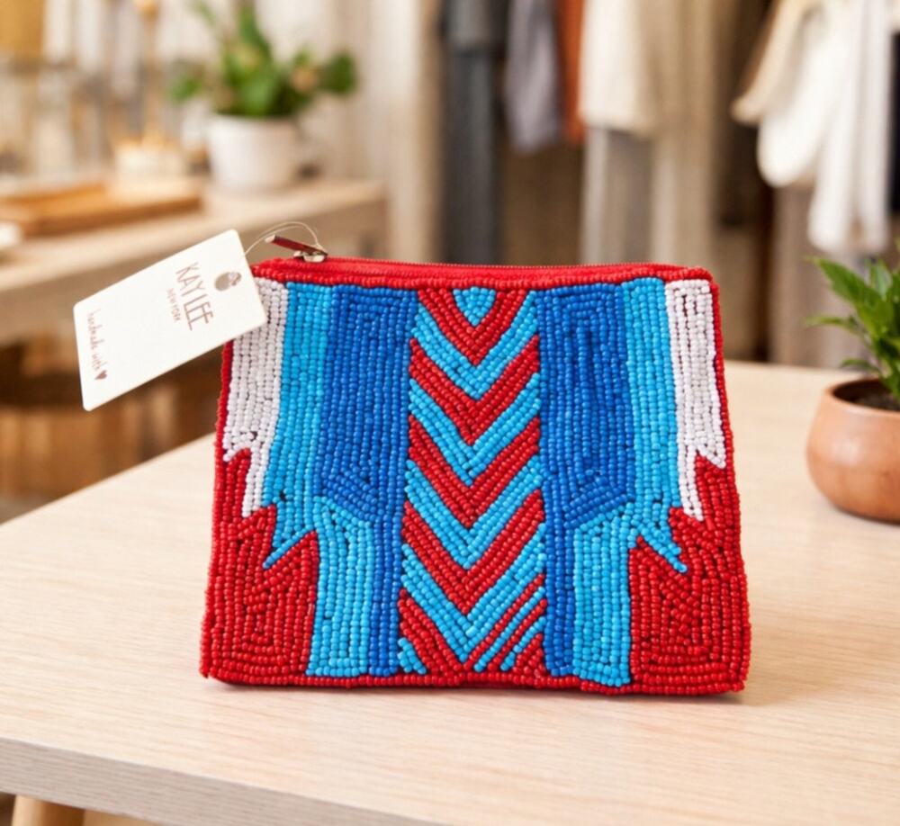 Kay Lee Red Blue And White Beaded Zipper Coin Purse New